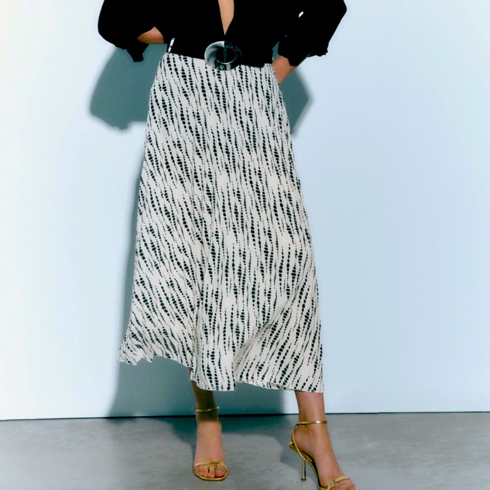 Zara limited edition belted pleated printed midi skirt